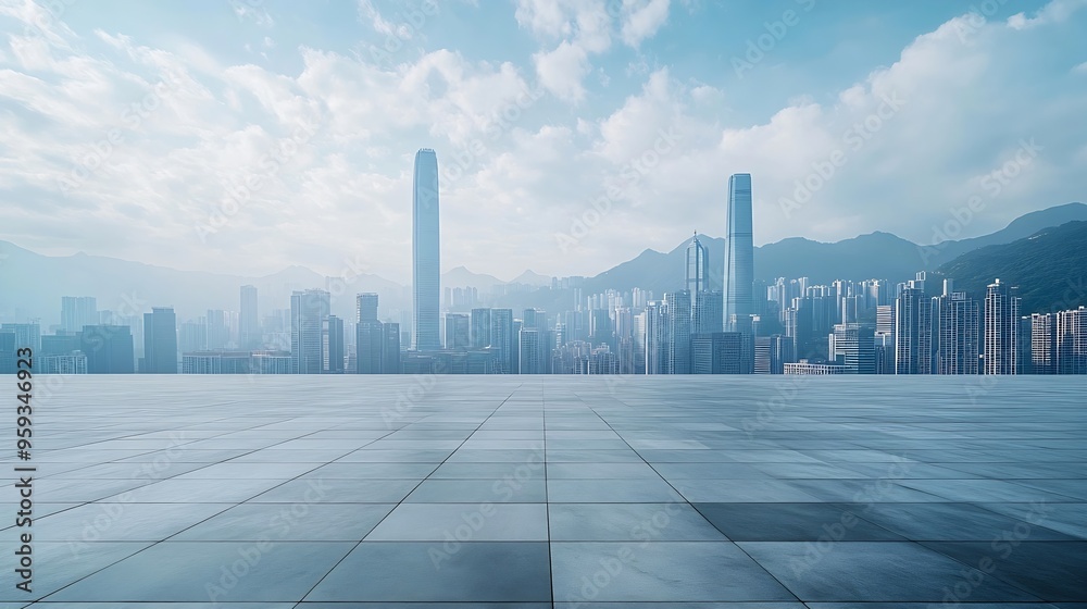 Empty square floor and city skyline with mountain scenery in Shenzhen : Generative AI Empty square floor and city skyline with mountain scenery in Shenzhen : Generative AI