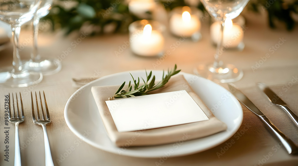 Elegant table setting with a sprig of rosemary and a place card. Elegant table setting with a sprig of rosemary and a place card.