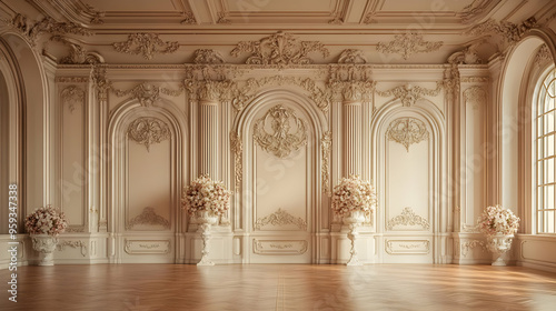 Elegant room with ornate moldings, floral arrangements, and wooden floors.