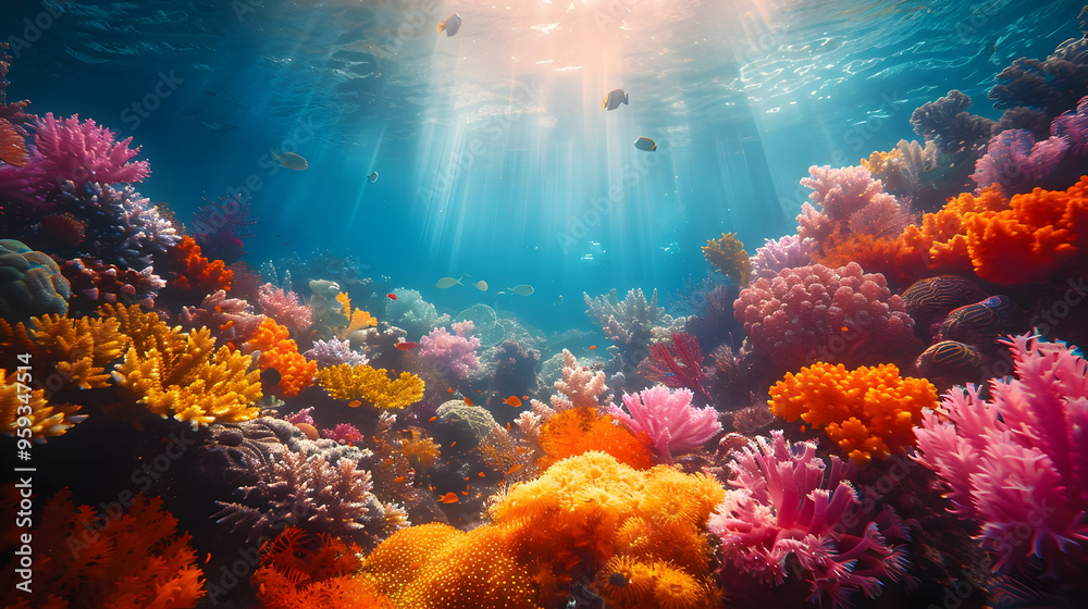 Fototapeta premium Vibrant Underwater Coral Reef Scene with Sun Rays and Fish - Realistic Image