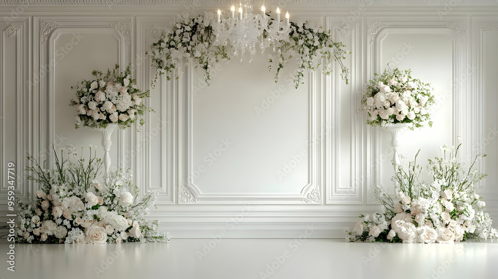 Elegant White Wedding Floral Arch with Chandelier. Elegant White Wedding Floral Arch with Chandelier.