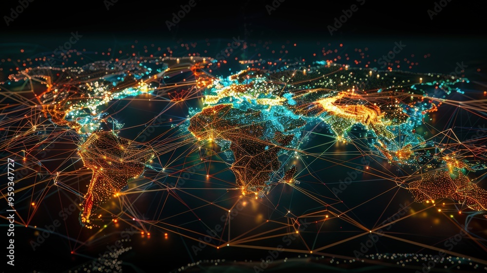 Visually stunning global network representation with a world map illuminated by interconnected lines and nodes, highlighted in vibrant colors to depict data flow and communication across continents.. Visually stunning global network representation with a world map illuminated by interconnected lines and nodes, highlighted in vibrant colors to depict data flow and communication across continents..