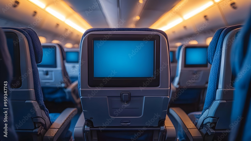 Empty airplane seats with a blank screen on the back of the seat in front. Empty airplane seats with a blank screen on the back of the seat in front.
