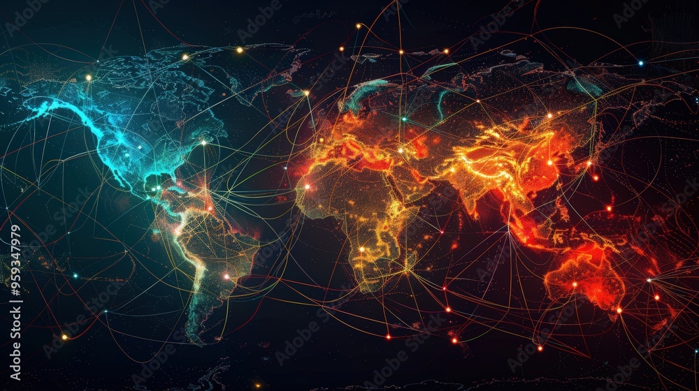 Futuristic visualization of global connectivity, showcasing a world map with illuminated interconnected lines and nodes in vibrant colors, depicting the intricate flow of data and communication Futuristic visualization of global connectivity, showcasing a world map with illuminated interconnected lines and nodes in vibrant colors, depicting the intricate flow of data and communication