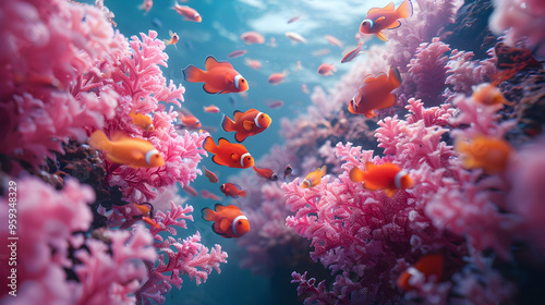 Colorful Underwater Scene with Clownfish and Pink Coral - Illustration