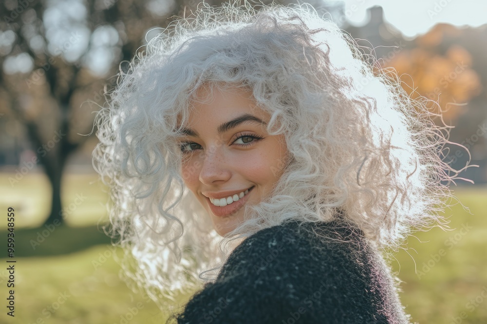 Fototapeta premium Smiling Woman with Curly Hair Outdoors in Sunlight. Generative AI.