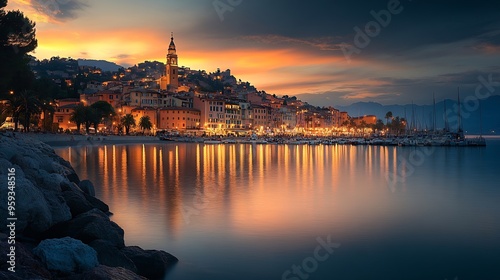 View on the old part of Menton ProvenceAlpesCote dAzur France Europe during a summer evening Menton French rivieraa : Generative AI photo