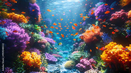 Vibrant Underwater Scene with Colorful Fish and Coral Illustration