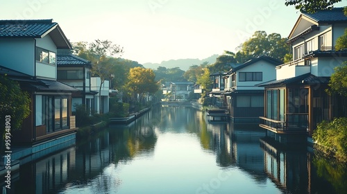 Japanese modern house in village along Yanagawa canal in morning Fukuoka Khushu Japan Tranquil city landscape : Generative AI photo