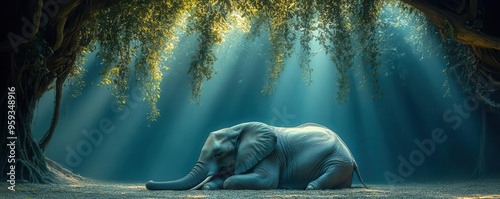 Elephant resting under a canopy of jungle vines, soft light creating a dreamy, mystical scene photo