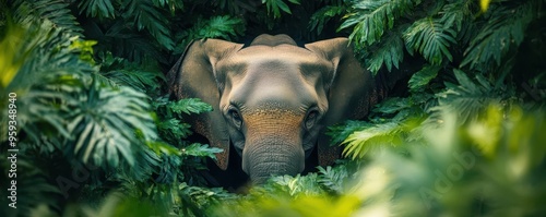 Elephant s gentle gaze peering through dense jungle foliage, a feeling of deep connection with nature photo