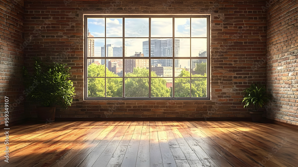 Empty room with brick walls, large windows, wooden floor, and plants. Empty room with brick walls, large windows, wooden floor, and plants.