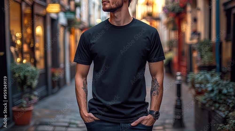 Young Man in Black T-Shirt Posing on Urban Street Young Man in Black T-Shirt Posing on Urban Street