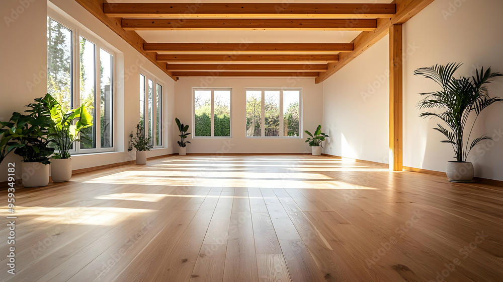 Empty room with hardwood floors and large windows, wooden beams, and sunlight streaming in.