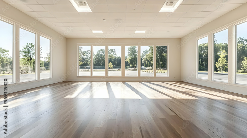 Empty room with large windows and hardwood floor. Empty room with large windows and hardwood floor.