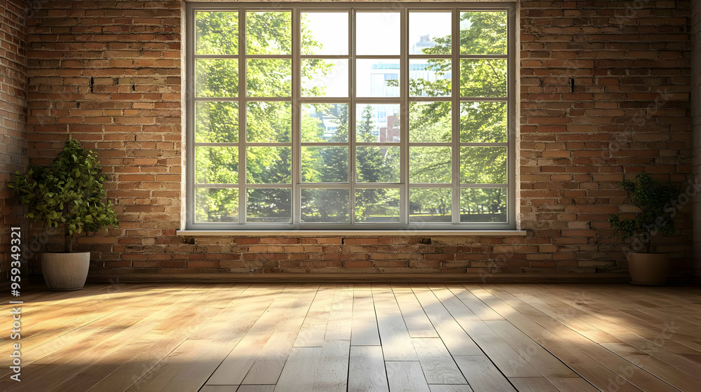 Empty room with large window and brick wall. Empty room with large window and brick wall.