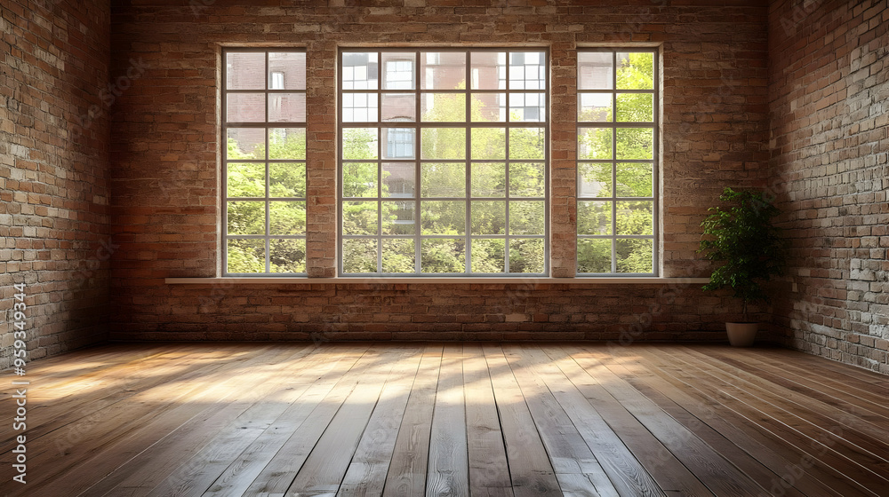 Empty room with large windows, brick wall, and wood floor. Empty room with large windows, brick wall, and wood floor.