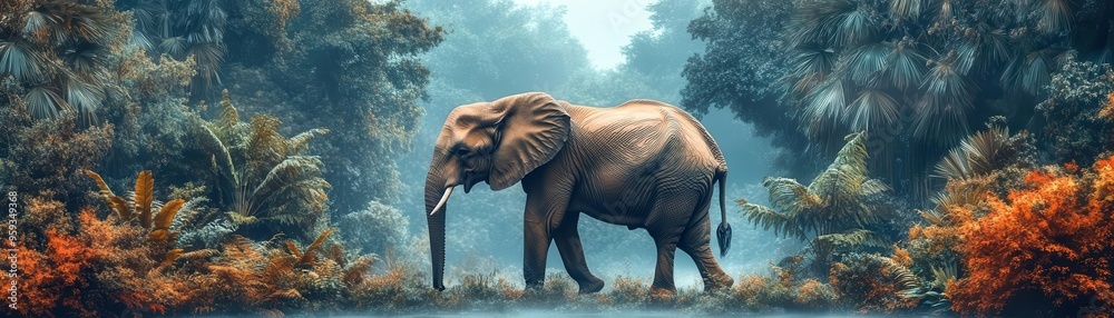 Fototapeta premium Majestic elephant softly walking through a misty jungle, surrounded by vibrant flora, gentle ambiance