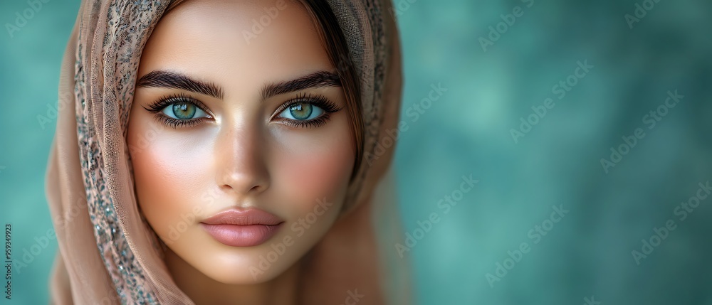 Portrait of a woman with hijab and blue eyes looking at the camera. Portrait of a woman with hijab and blue eyes looking at the camera.