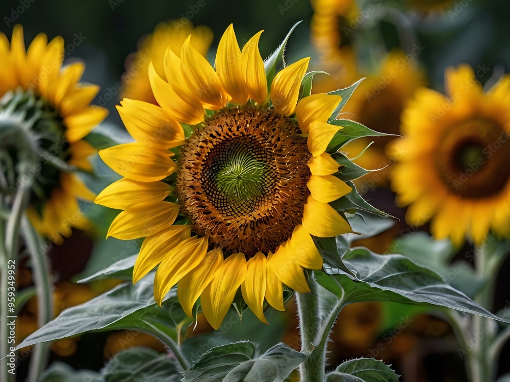 Naklejka premium beautiful sunflowers in close up shot during a clear day
