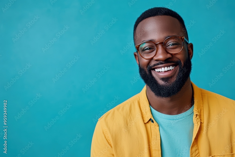 Obraz premium Smiling Black Man with Glasses and Beard, Teal Background. Generative AI.