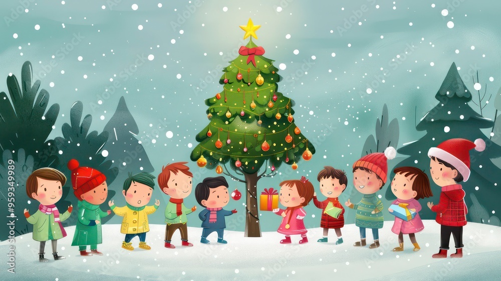 A group of children in winter clothes gather around a decorated Christmas tree in a snowy setting. A group of children in winter clothes gather around a decorated Christmas tree in a snowy setting.