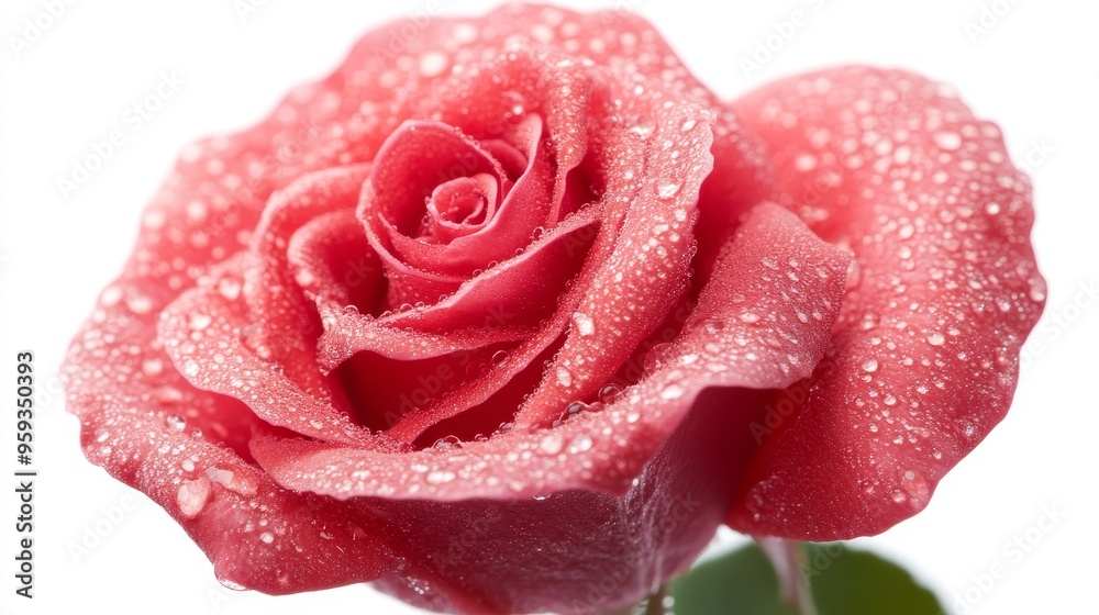 A stunning red rose with dew-kissed petals, isolated on a crisp white background, macro photography, ultra-detailed texture, ideal for romantic designs. A stunning red rose with dew-kissed petals, isolated on a crisp white background, macro photography, ultra-detailed texture, ideal for romantic designs.