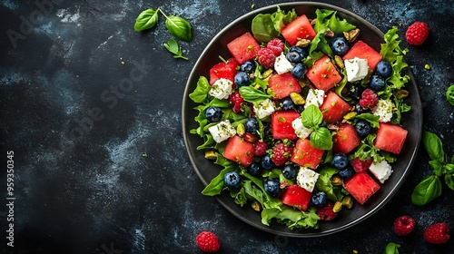 Watermelon and feta cheese salad with blueberry raspberry pistachios and fresh greens top view : Generative AI