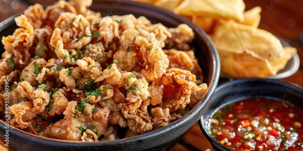 Chicharrones Fried Pork Rinds with Lemon Juice and Spicy Chili Sauce Chicharrones Fried Pork Rinds with Lemon Juice and Spicy Chili Sauce