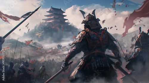 Sengoku period samurai battle on foggy battlefield.