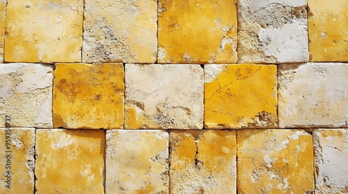 Processed collage of ancient yellow block wall texture Background for banner backdrop or texture for 3D mapping : Generative AI