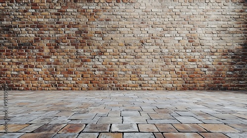 Abstract wide brick  wall texturewhite wall and floor interior backdrop for design art work : Generative AI photo