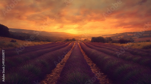 Rows of lavender bathed in golden sunset light, the sky blending into pink and orange hues, in a vintage photography style, muted colors, grainy texture, emphasizing serenity and timelessness.