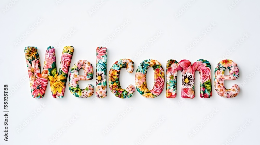 Welcome word in floral style on white background. Greeting text for events, weddings, promotion and hospitality industry Welcome word in floral style on white background. Greeting text for events, weddings, promotion and hospitality industry