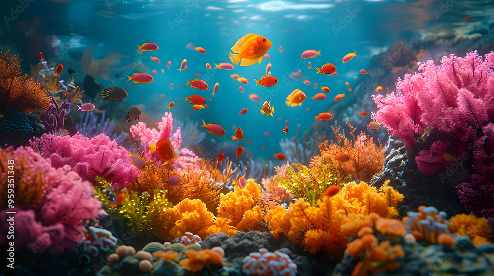 Naklejka premium Vibrant Underwater Scene with Colorful Fish and Corals - Illustration