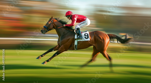 Um jóquei, com equipamento completo, é visto montando um cavalo em alta velocidade ao longo de uma pista de corrida, exibindo a adrenalina e a emoção das corridas de cavalos em um fundo dinâmico  photo