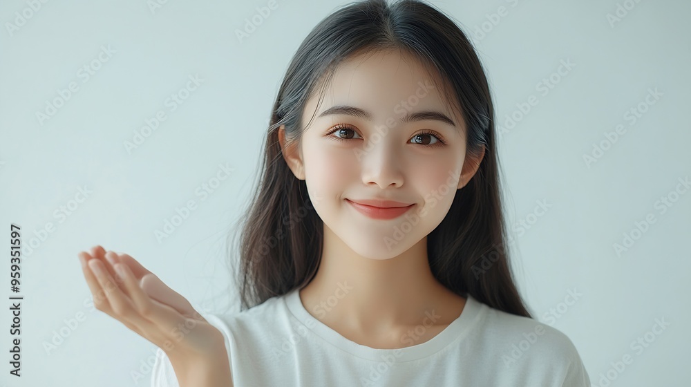 Asian woman open hand to copy space and looking at camera with smile face and happy Pretty girl act like a satisfied product use for advertising with isolated on white backgroundinclu : Generative AI Asian woman open hand to copy space and looking at camera with smile face and happy Pretty girl act like a satisfied product use for advertising with isolated on white backgroundinclu : Generative AI