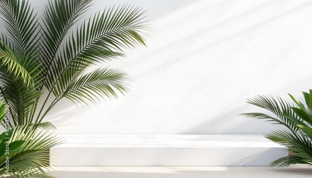 A white wall with a palm tree in the background. A white wall with a palm tree in the background.