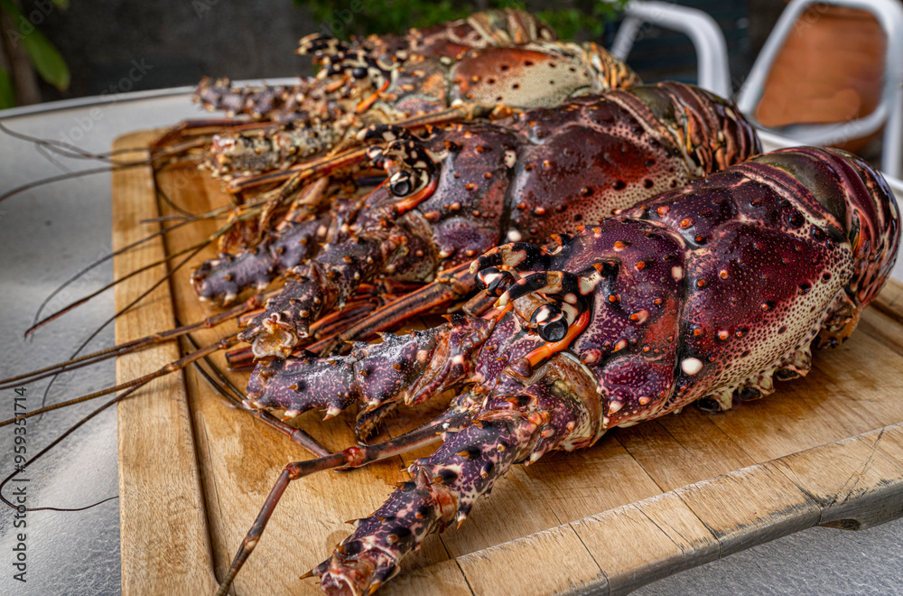 Food themes: Fresh lobsters on kitchen table.