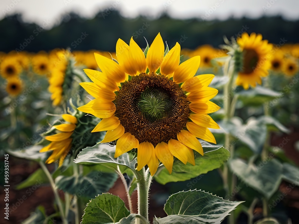 Naklejka premium beautiful sunflowers in close up shot during a clear day