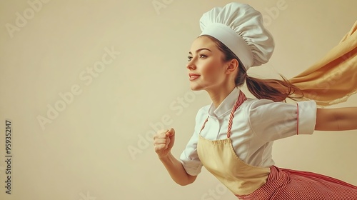Full body side profile view young housewife housekeeper chef baker latin woman wear apron toque hat do super hero gesture pov flying isolated on plain pastel light beige background Coo : Generative AI