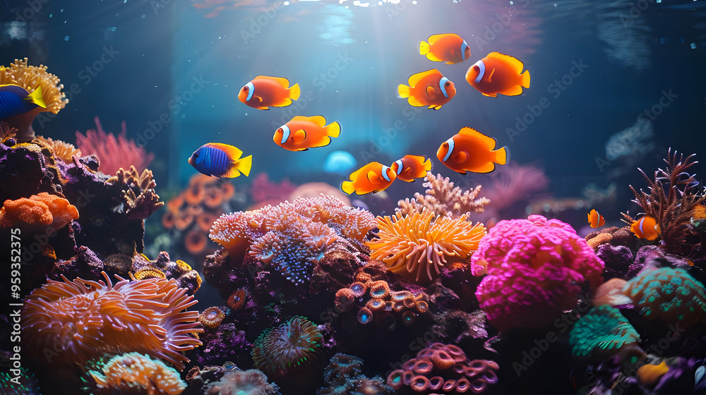 Obraz premium Colorful Coral Reef with Clownfish Illustration