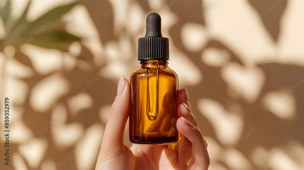 Hand holding a glass dropper bottle with liquid inside against a beige background with blurry shadows. Hand holding a glass dropper bottle with liquid inside against a beige background with blurry shadows.