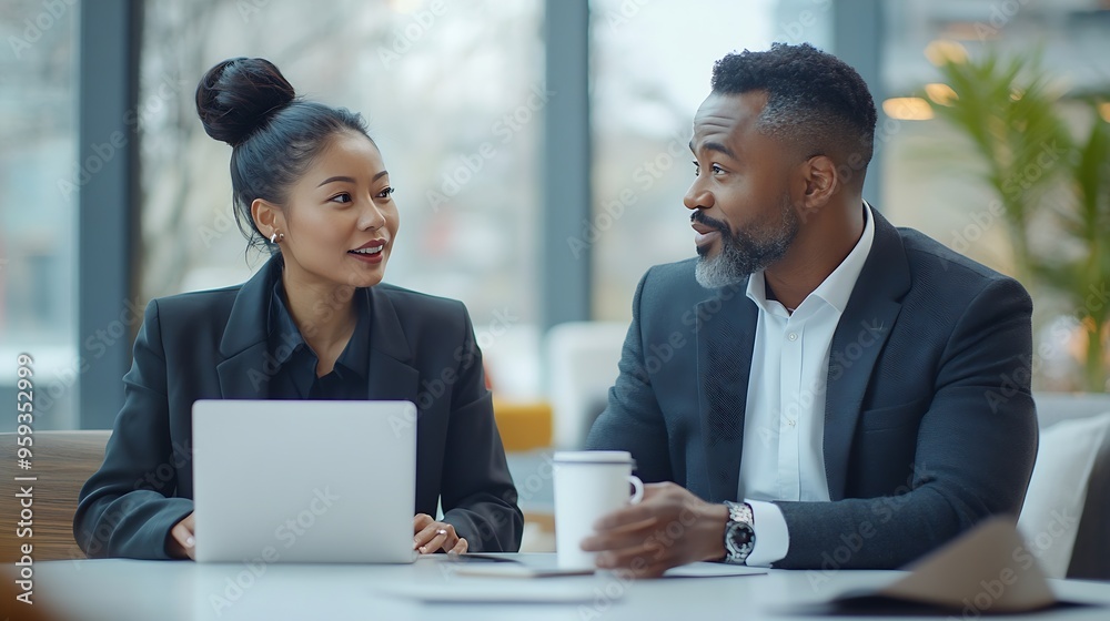 Black and Asian business professionals engage in discussion with a laptop and coffee on the table in a bright contemporary office setting : Generative AI Black and Asian business professionals engage in discussion with a laptop and coffee on the table in a bright contemporary office setting : Generative AI