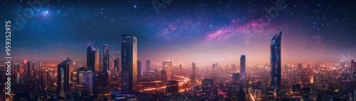 Wallpaper Mural Futuristic cityscape with sleek skyscrapers and neon lights, set against a starry night sky with distant galaxies visible Torontodigital.ca
