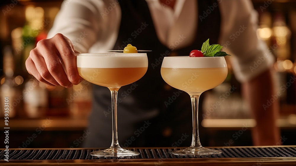 Bartender preparing two cocktails in a luxury hotel : Generative AI Bartender preparing two cocktails in a luxury hotel : Generative AI
