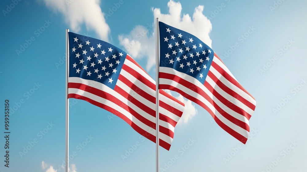 American Flags Waving in the Breeze: Two American flags billow proudly in the wind against a bright blue sky, symbolizing patriotism, freedom, and unity. The flags wave gracefully, capturing American Flags Waving in the Breeze: Two American flags billow proudly in the wind against a bright blue sky, symbolizing patriotism, freedom, and unity. The flags wave gracefully, capturing