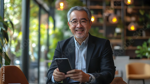 Happy businessman in a cafe using a phone.