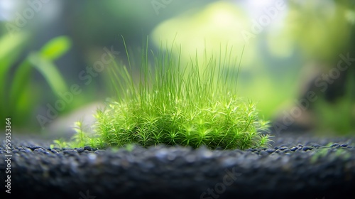 Selective focus of a dwarf spikerush Eleocharis parvula isolated on a fish tank with blurred background  also known as small spikerush and hairgrass : Generative AI photo