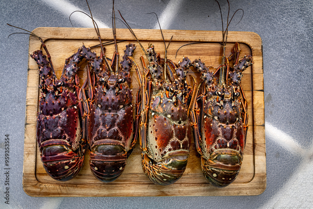 Food themes: Fresh lobsters on kitchen table.